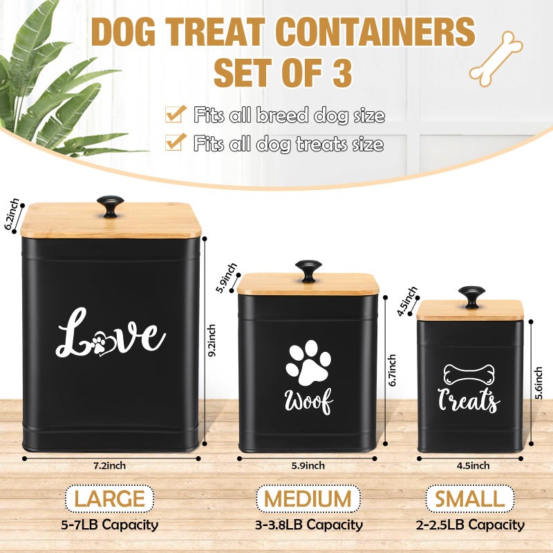 Jingmore Metal Dog Treat Containers Set of 3 with Bamboo Lids and Spoon Airtight 7+3+2 lbs Dog Food Snack Jars with DIY Labels Big Pet Cookie Storage Jar for Kitchen Counter(Black,Classic) - Image 2