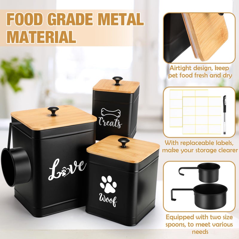 Jingmore Metal Dog Treat Containers Set of 3 with Bamboo Lids and Spoon Airtight 7+3+2 lbs Dog Food Snack Jars with DIY Labels Big Pet Cookie Storage Jar for Kitchen Counter(Black,Classic) - Image 3