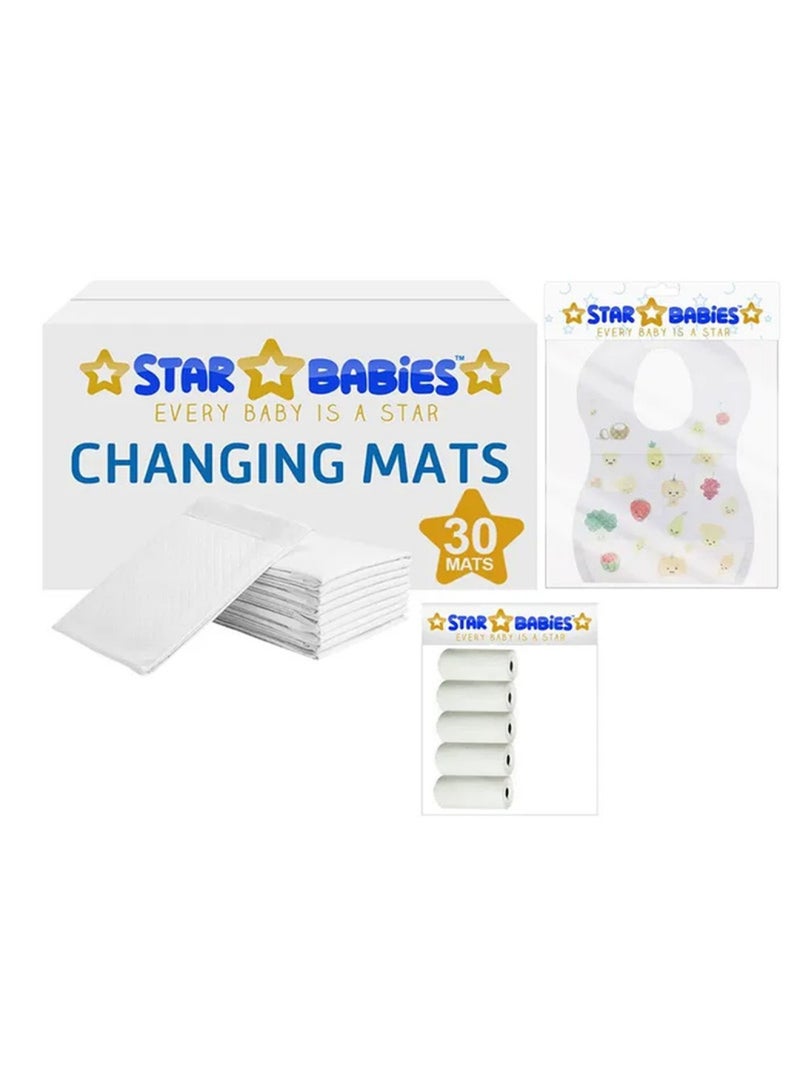 STAR BABiES Combo Packs Changing Mat 10Pcs Scented Bag Pack Of 5 Bibs 30Pcs-White - Image 1