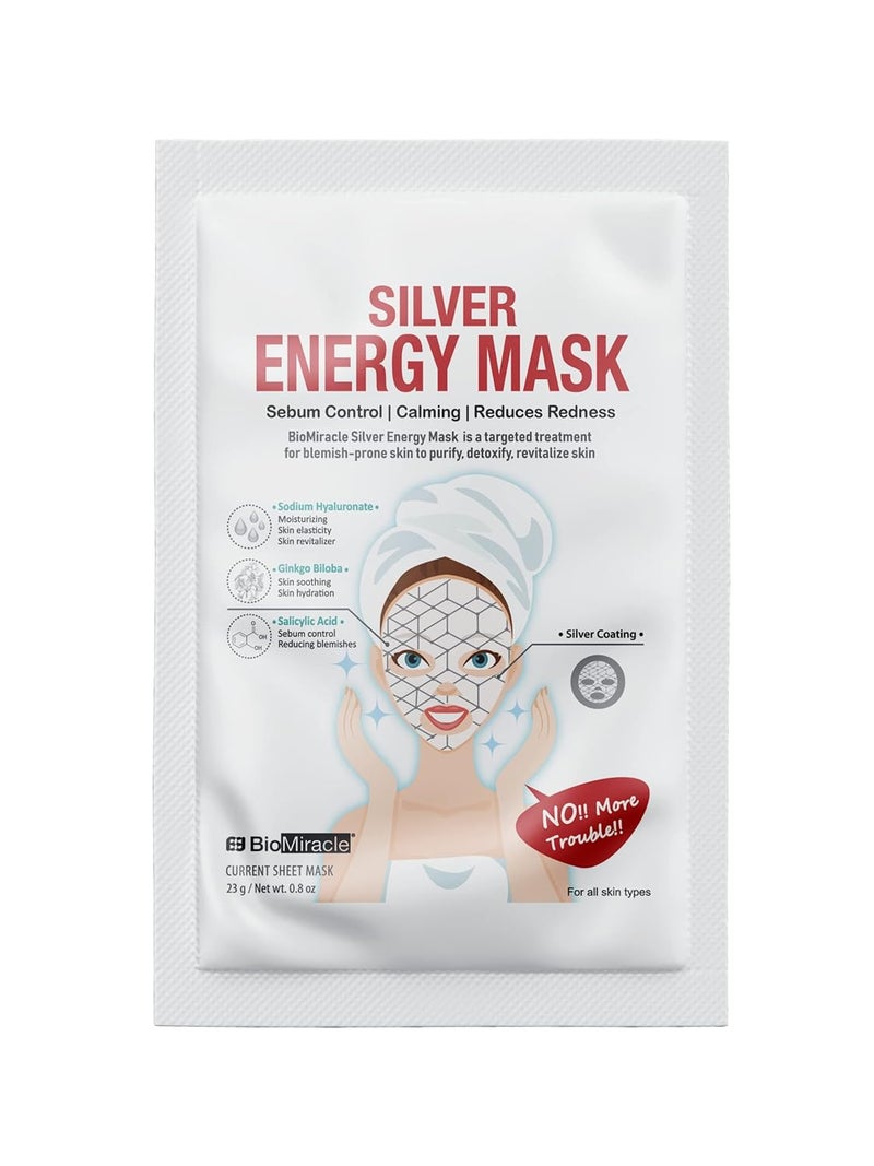 BioMiracle BioMiracle Silver Energy Mask with Sodium Hyaluronate, Ginkgo Biloba, Salicylic Acid for blemish-prone skin to purify, detoxify, revitalize skin 
