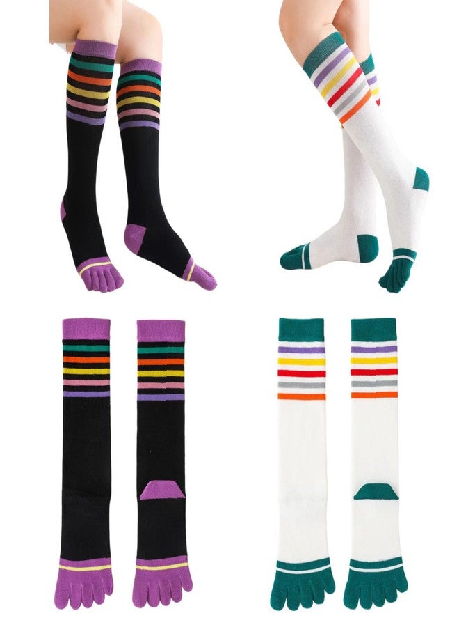 Pursuestar 2 Pairs Cotton Long Five Finger Socks Calf High Toe Socks Colorful Stripe Winter Leg Warmers Stockings for Women Girls - Image 1