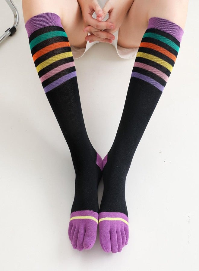 Pursuestar 2 Pairs Cotton Long Five Finger Socks Calf High Toe Socks Colorful Stripe Winter Leg Warmers Stockings for Women Girls - Image 2