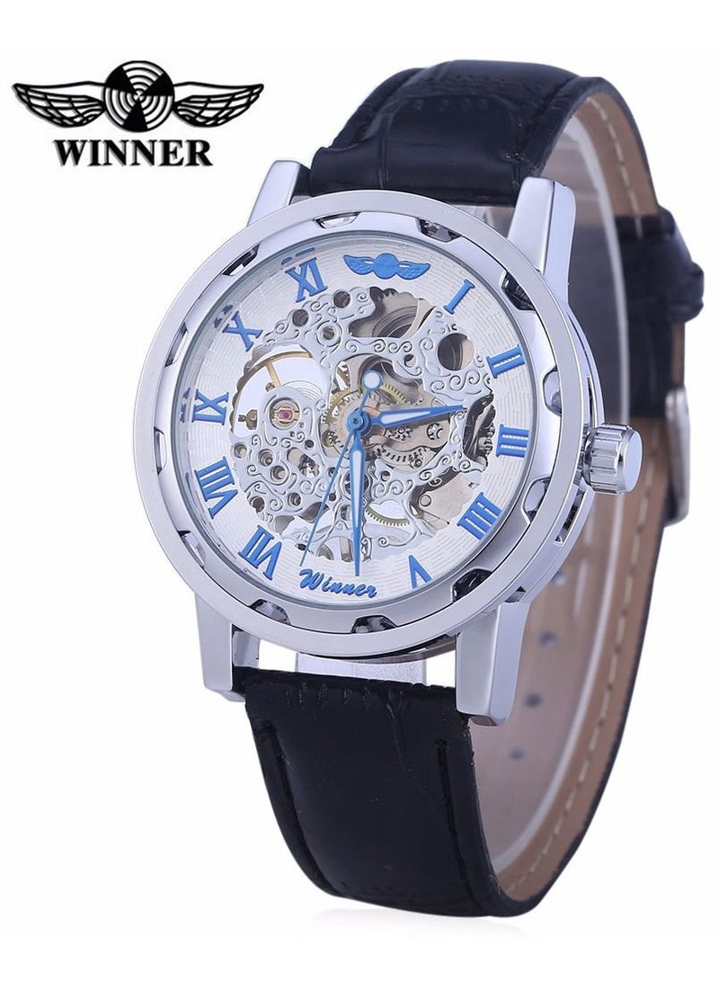 Winner ساعة رجالية، ساعة ميكانيكية هيكلية تعمل باليد بتصميم ستيمبانك للرجال والنساء، أرقام رومانية، حزام جلد PU، علبة فضية وردية ذهبية، ساعة معصم للجنسين