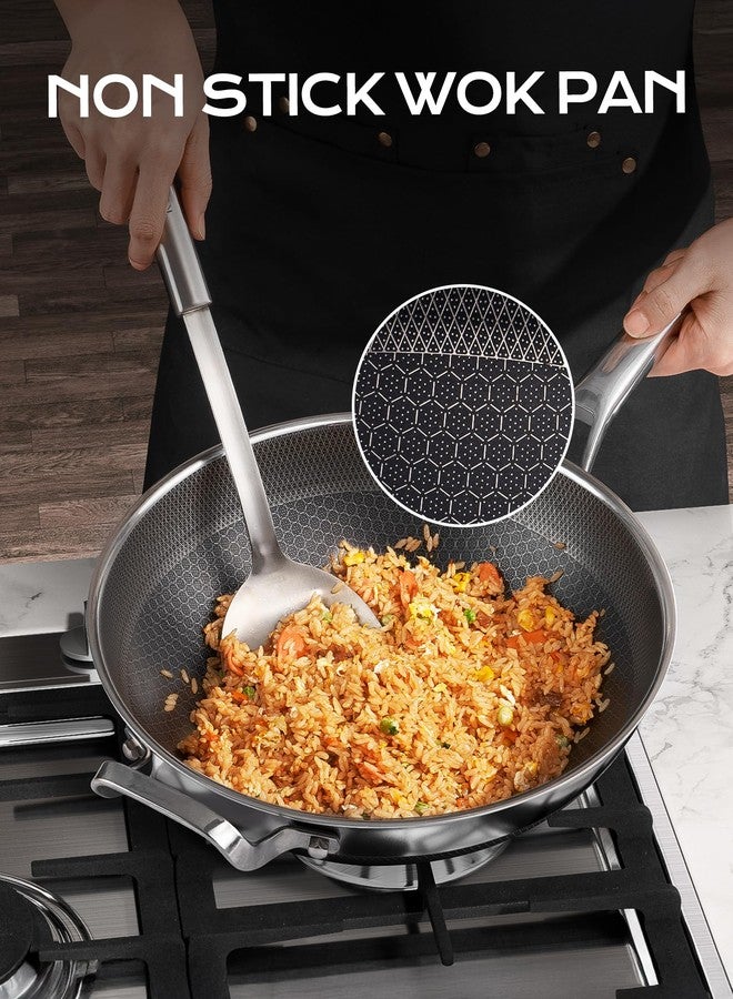 FGJ Wok pan,12 inch Hybrid Wok with Lid,PFOA Free Cookware,Non Stick Stainless Steel Woks & Stir-fry pans Nonstick, Dishwasher and Oven Safe, Works on Induction - Image 2