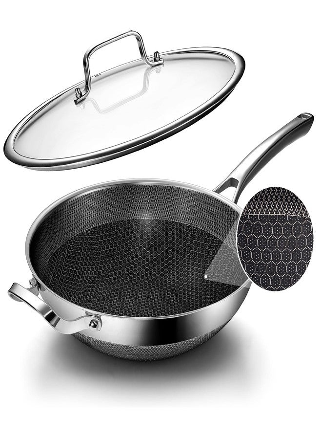FGJ Wok pan,12 inch Hybrid Wok with Lid,PFOA Free Cookware,Non Stick Stainless Steel Woks & Stir-fry pans Nonstick, Dishwasher and Oven Safe, Works on Induction - Image 1