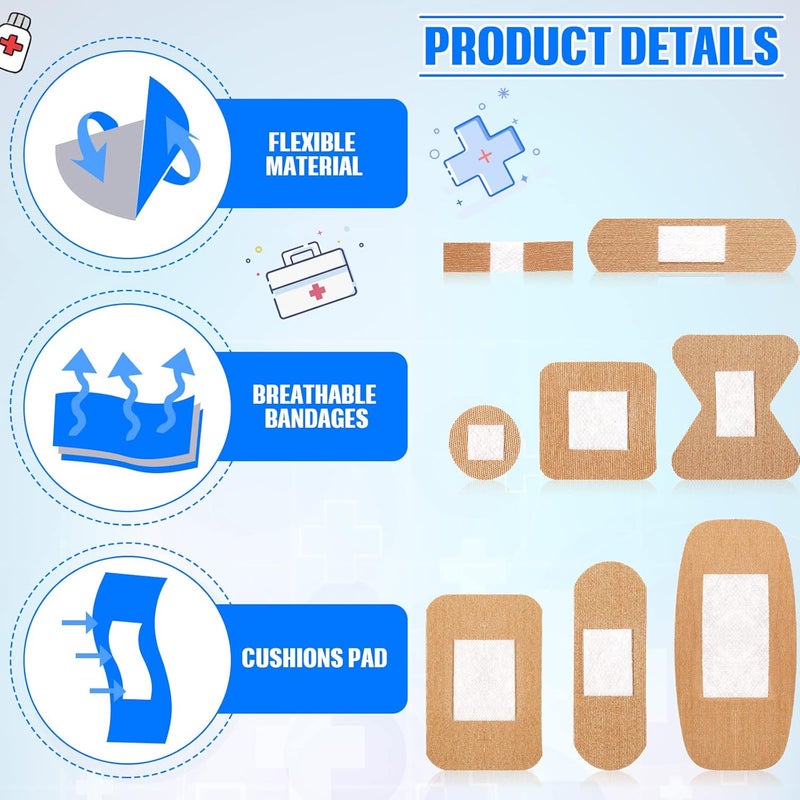BBTO 400 قطعة لاصقات مرنة من القماش مجموعة متنوعة لاصقات قابلة للتنفس للجروح في الأصابع للإسعافات الأولية للعائلة 8 أنماط - Image 3