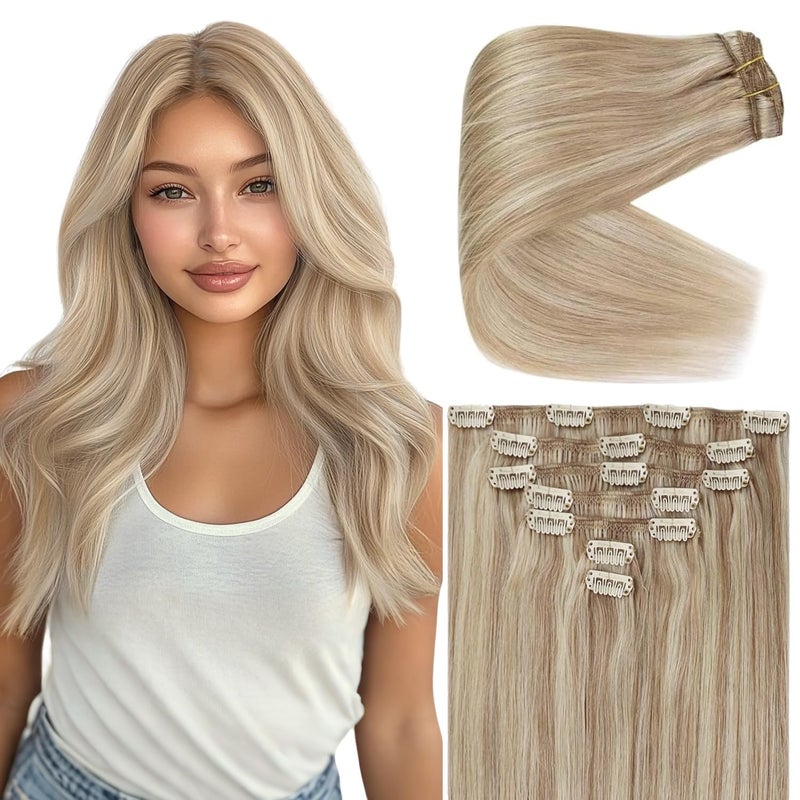 Ve Sunny Blonde Clip in Hair Extensions Real Human Hair Clip in Extensions Blonde Highlight 18inch Real Human Hair Extensions Clip ins Thick End for Daily Use 120g