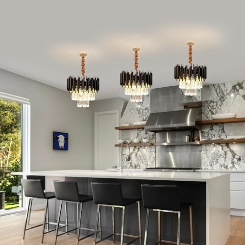 SINOMAN Modern Led Crystal Chandelier with Black and Gold Finish Luxury Ceiling Light Fixture with K9 Droplets Elegant Pendant Light Ideal for Temple, Pooja Room, Mandir, or Living Room (300MM) - Image 5