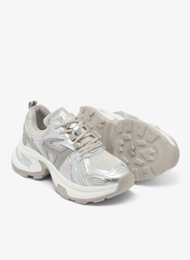 Ginger Chunky Sole Lace Up Sneakers Silver - Image 3