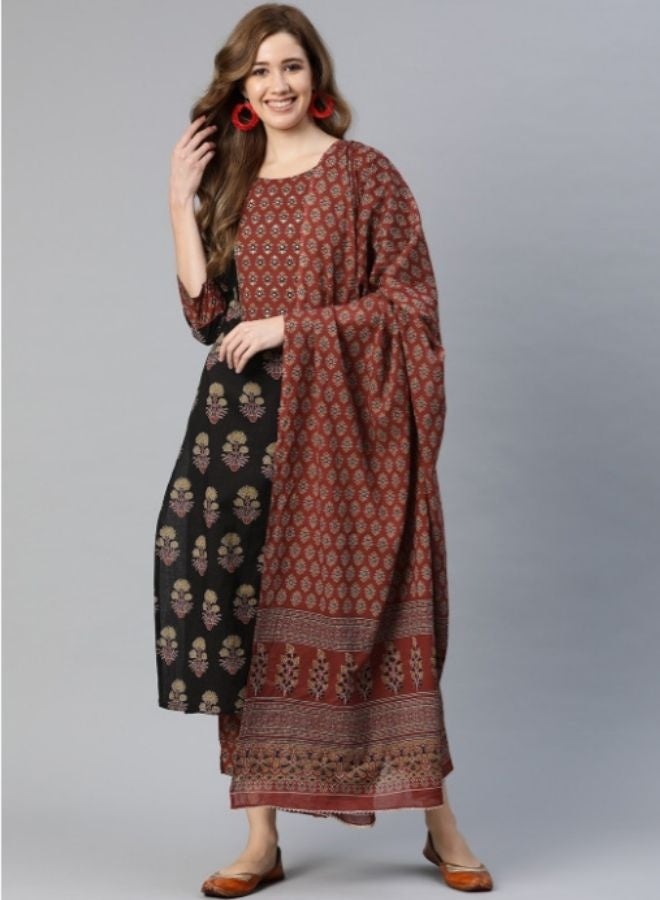 Yuris Women Black Floral Printed Regular Sequinned Pure Cotton Kurta with Palazzos  With Dupatta - Image 1