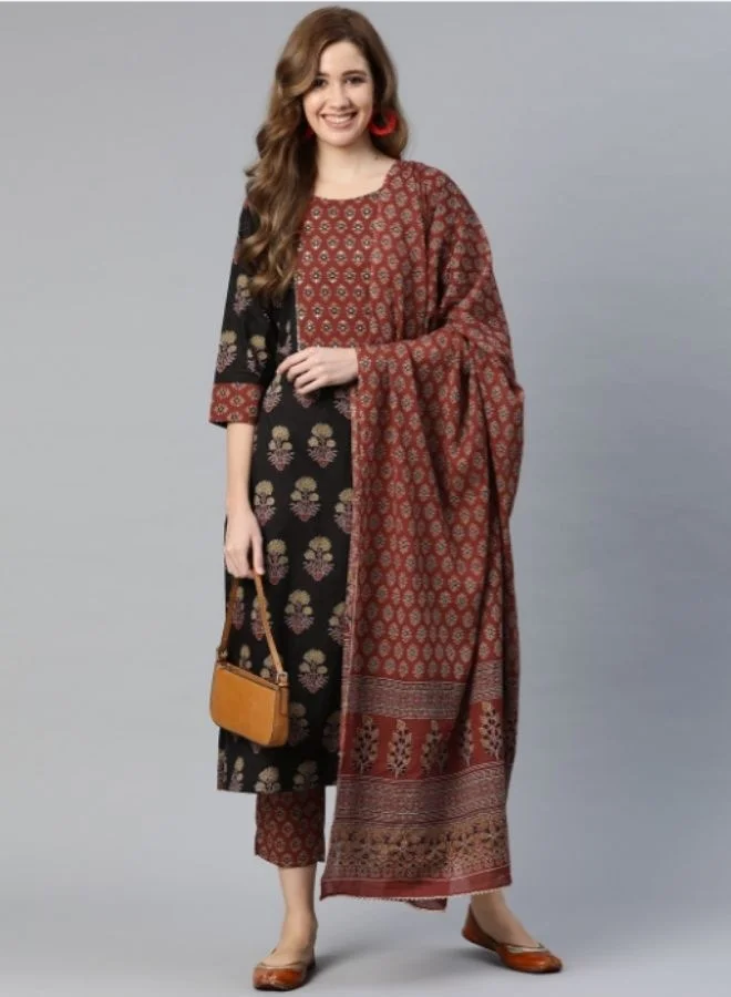 Yuris  Yuris Women Black Floral Printed Regular Sequinned Pure Cotton Kurta with Palazzos  With Dupatta for Women | Best Price UAE