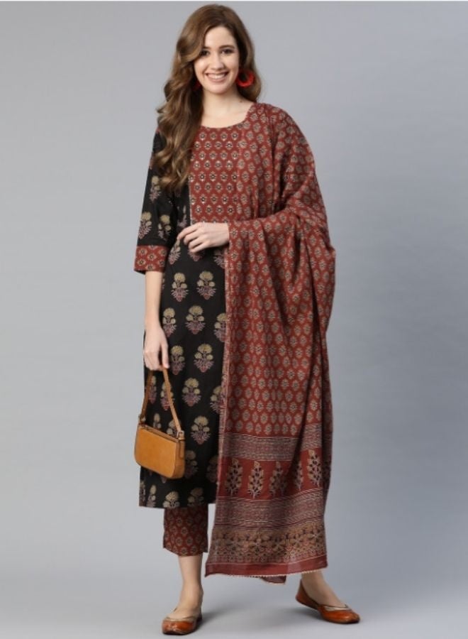 Yuris Women Black Floral Printed Regular Sequinned Pure Cotton Kurta with Palazzos  With Dupatta - Image 4