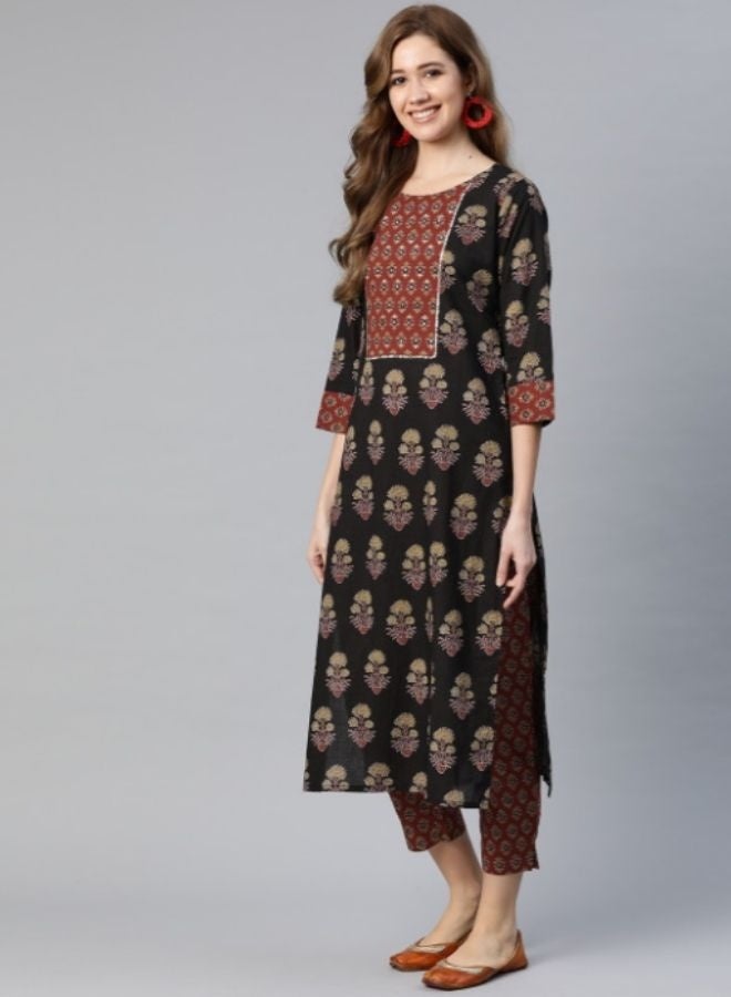 Yuris Women Black Floral Printed Regular Sequinned Pure Cotton Kurta with Palazzos  With Dupatta - Image 2