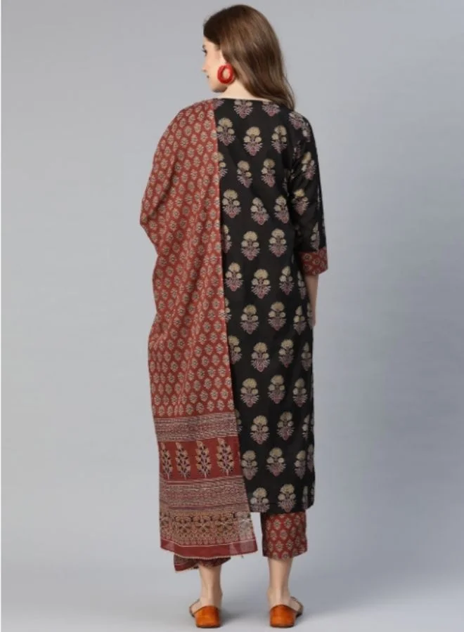 Yuris  Yuris Women Black Floral Printed Regular Sequinned Pure Cotton Kurta with Palazzos  With Dupatta for Women | Best Price UAE