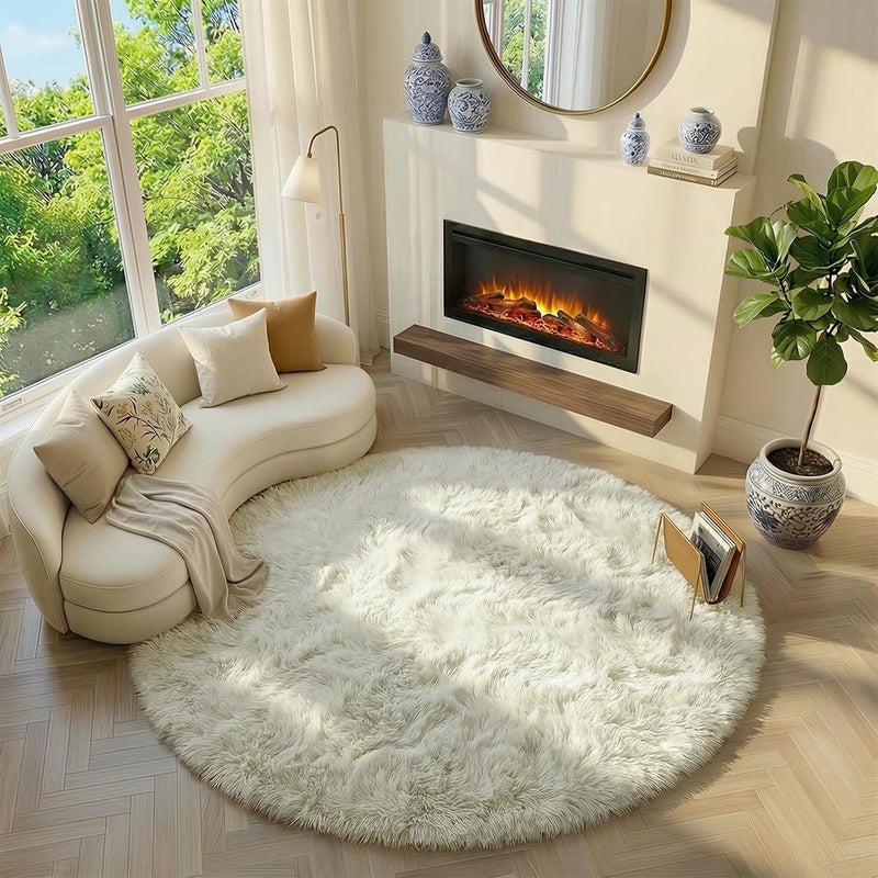 Amdrebio Ivory Round Rug - Fluffy 4'X4' Circle Carpet for Kids, Teens and Nursery Rooms - Furry, Plush and Fuzzy White Rug for Baby Room Decor - Image 3
