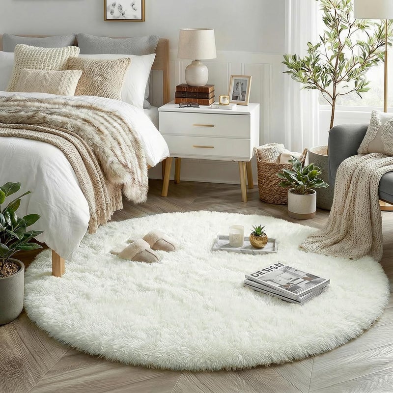 Amdrebio Ivory Round Rug - Fluffy 4'X4' Circle Carpet for Kids, Teens and Nursery Rooms - Furry, Plush and Fuzzy White Rug for Baby Room Decor - Image 1
