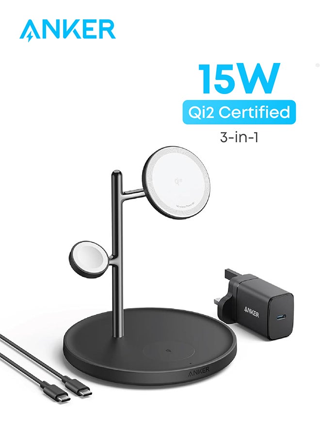 شاحن MagSafe متوافق، محطة شحن لاسلكية Anker 3 في 1، حامل لاسلكي معتمد من Qi2 بقوة 15 وات، لسلسلة iPhone 15/14، وAirPods Pro، وApple Watch Ultra (شاحن USB C وكابل متضمنان) - Image 2
