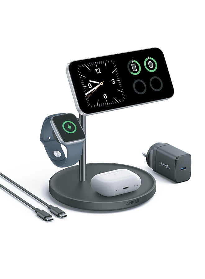 شاحن MagSafe متوافق، محطة شحن لاسلكية Anker 3 في 1، حامل لاسلكي معتمد من Qi2 بقوة 15 وات، لسلسلة iPhone 15/14، وAirPods Pro، وApple Watch Ultra (شاحن USB C وكابل متضمنان) - Image 1
