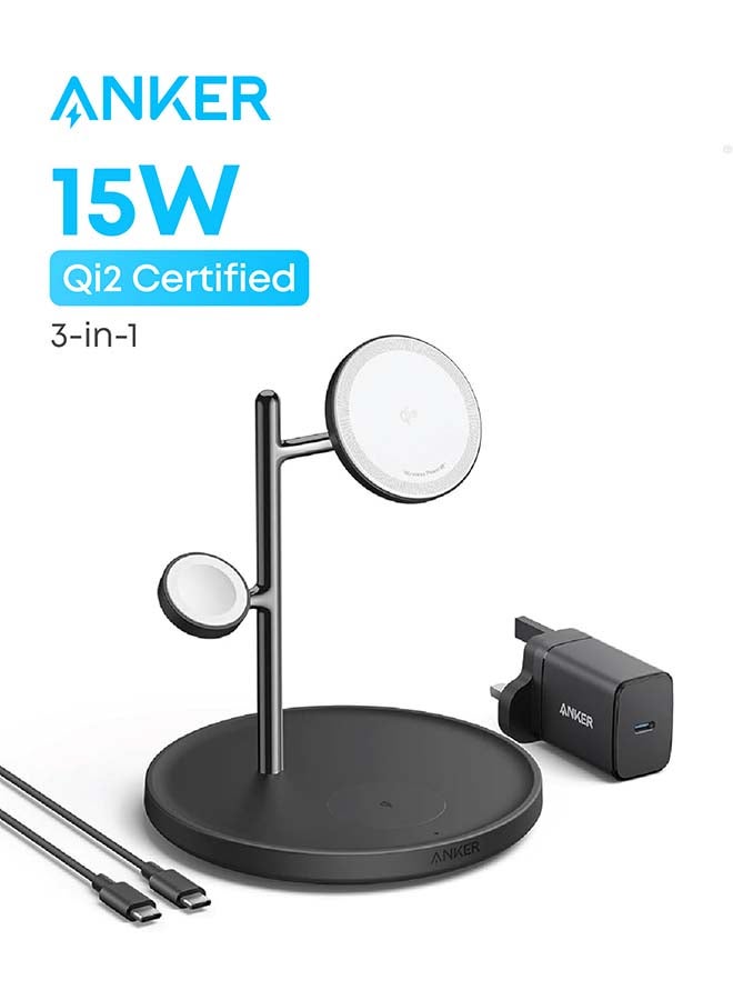 Anker 3-in-1 Wireless Charging Station, MagSafe Charger Compatible, Qi2 Certified 15W Wireless Stand, For iPhone 17/16 Series, AirPods Pro, Apple Watch Ultra (USB C Charger and Cable Included) - Image 1