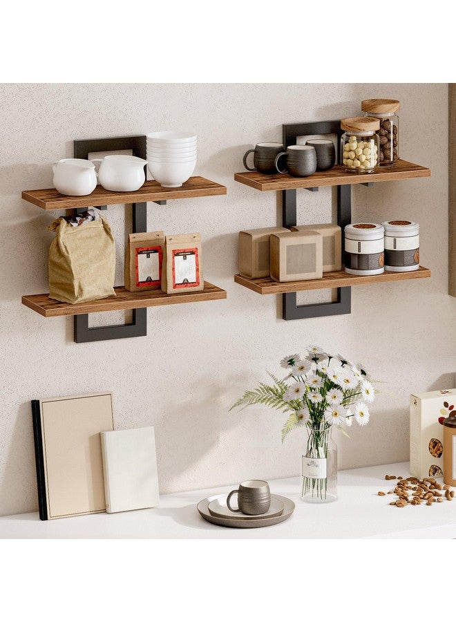 HOOBRO HOOBRO Floating Shelves, 15 Inch Wall Shelf Set of 2, Wall Mounted Storage Shelves 2-Tier, Hanging Bathroom Shelves, for Living Room, Bedroom, Bathroom, Kitchen, Rustic Brown and Black BF32BJ01 - Image 3