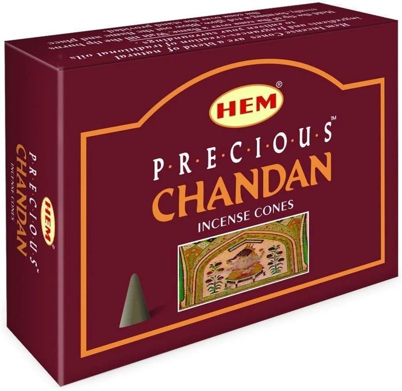 HEM Precious Chandan Incense Cones - Case of 12 Boxes with 10 Cones Each - Sandalwood Scented