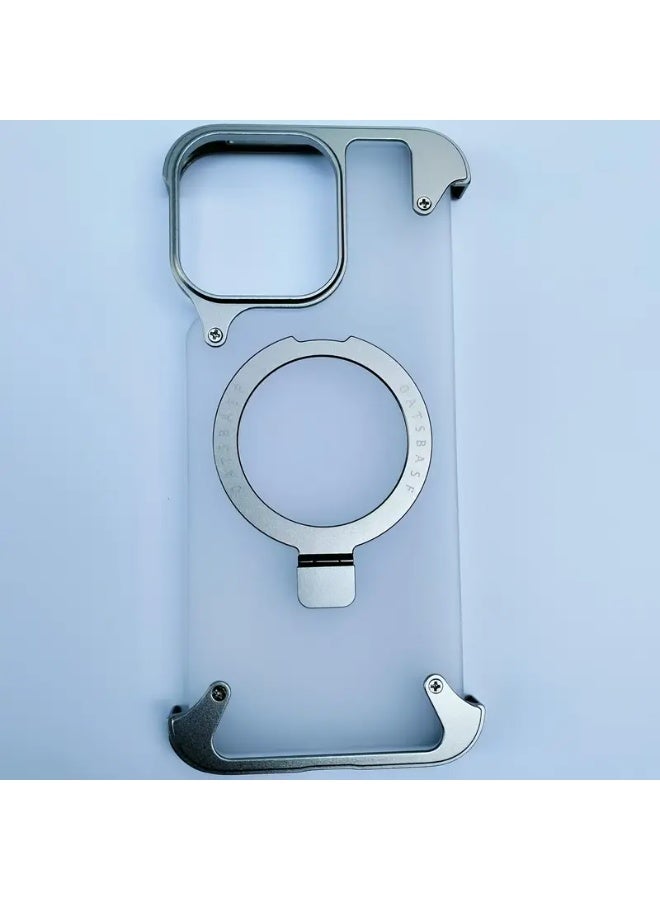 Temu Edge-to-edge phone case with a metal frame for shock-absorbing protection and a frosted glass back - compatible with iPhone 16 Pro series, featuring a metal base and wireless charging capabilities, with a ring to hold the phone