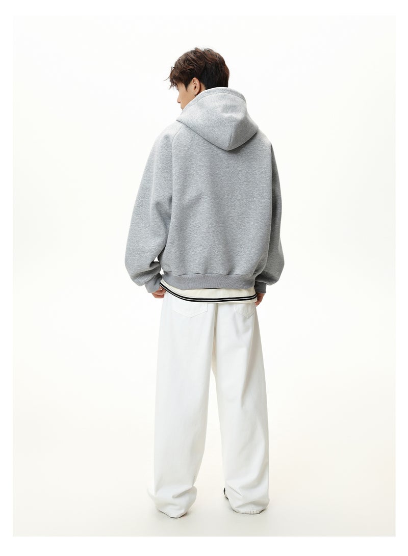 NIBEMINENT Split Half-Zip Heavyweight Hoodie Men, Autumn and Winter Style, Textured Thickened Half-High Collar Solid Color Hoodie - Image 3