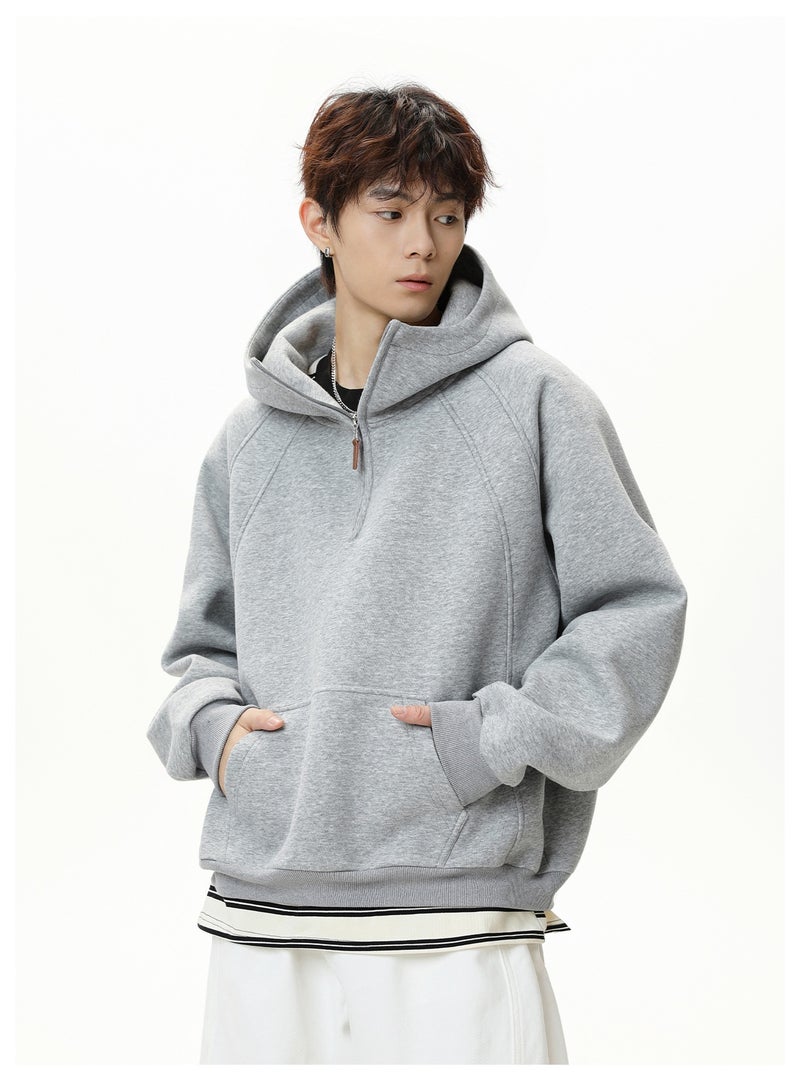 NIBEMINENT Split Half-Zip Heavyweight Hoodie Men, Autumn and Winter Style, Textured Thickened Half-High Collar Solid Color Hoodie - Image 2