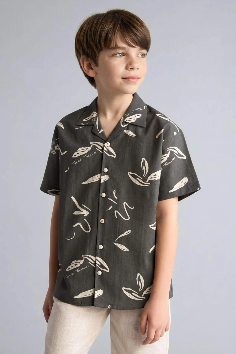 ديفاكتو Boy Regular Fit Tropical Linen Look Shirt