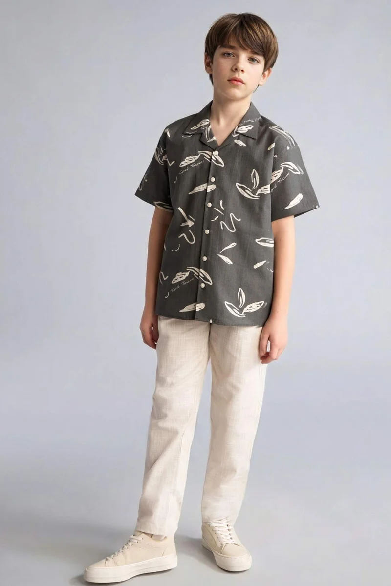 ديفاكتو Boy Regular Fit Tropical Linen Look Shirt
