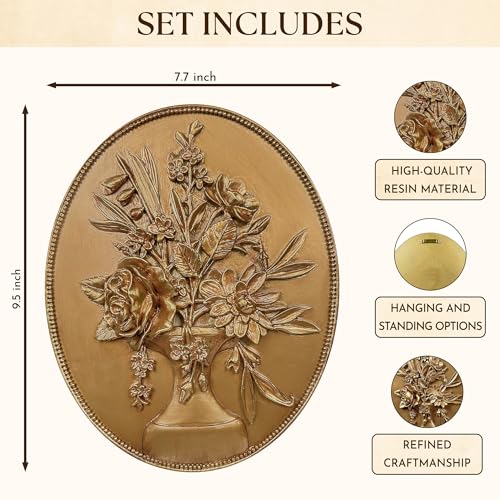 97 Decor Vintage Wall Sculptures For Living Room Gold Vintage Wall Decor Ornate Oval Hangings Antique Pediment Brass Floral Walls Art Gallery For Home Kitchen Bedroom Decorations - Image 3
