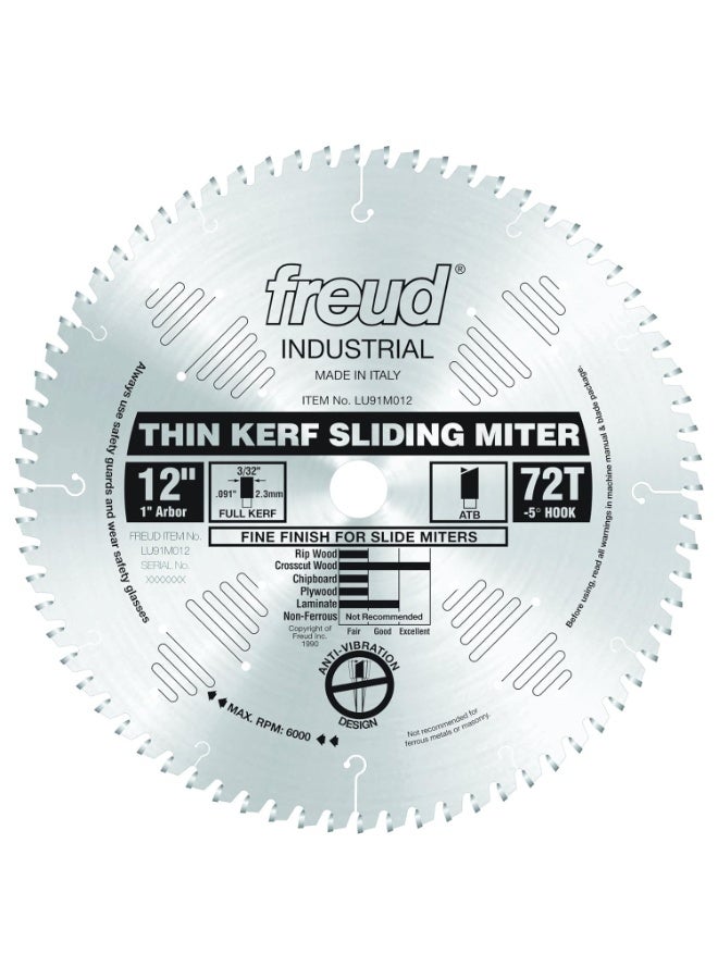 freud Freud LU91M012: 12" x 72T Thin Kerf Sliding Compound Miter Saw Blade 