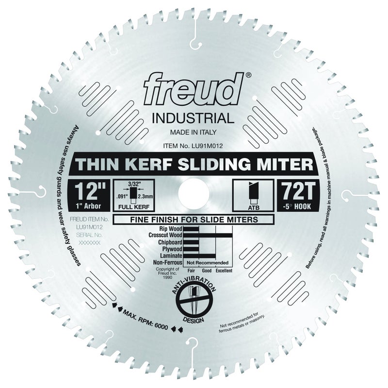 Freud LU91M012: 12" x 72T Thin Kerf Sliding Compound Miter Saw Blade - Image 1