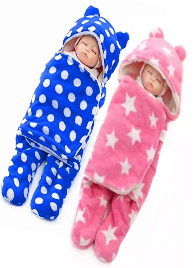 First Kick New Born Sleeping Bag Combo Pack of Super Soft Wearable Baby Wrapper Durable Fleece Polyester Cum Baby Sleeping Bag for Boys Girls (76cm x 70cm, 0-6 Months) Pack of 2 Stars RoyalBlue, Pink - Image 1