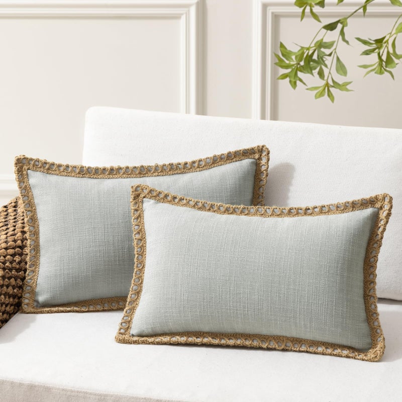 Phantoscope Pack of 2 Farmhouse Decorative Throw Decorative Pillow Cover Burlap Linen Trimmed Tailored Edges  Flax Gray  12 x 20 inches  30 x 50 cm - Image 1