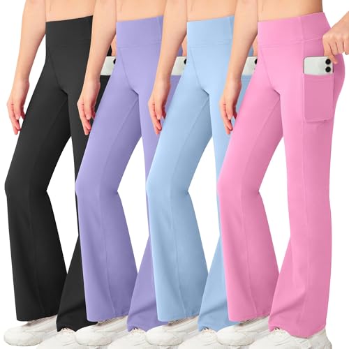 NORMOV Girl's Bootcut Yoga Pants with Pockets,High Waisted Casual Kids Bell Bottoms Pants (Black/Violet/Light Blue/Apple Pink/M) - Image 1