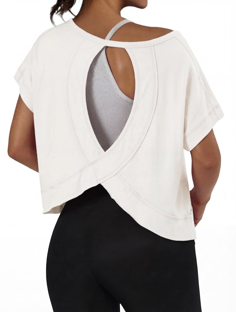 GRECERELLE Women's Backless Workout Top Open Back Athletic Shirts Short Sleeve Running Crop Top Gym Yoga Tee, White, Small - Image 1
