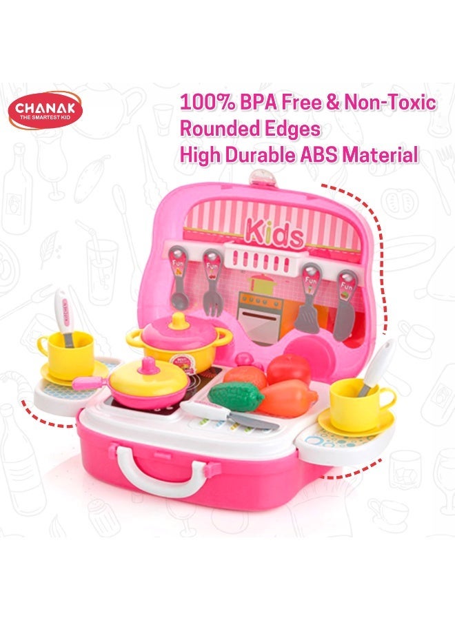 Chanak Kitchen set for girls, kitchen suitcase set on wheels, colorful pretend play cooking set for girls with 18 pieces, portable kitchen set for 3 years, (kitchen set suitcase) - Image 5