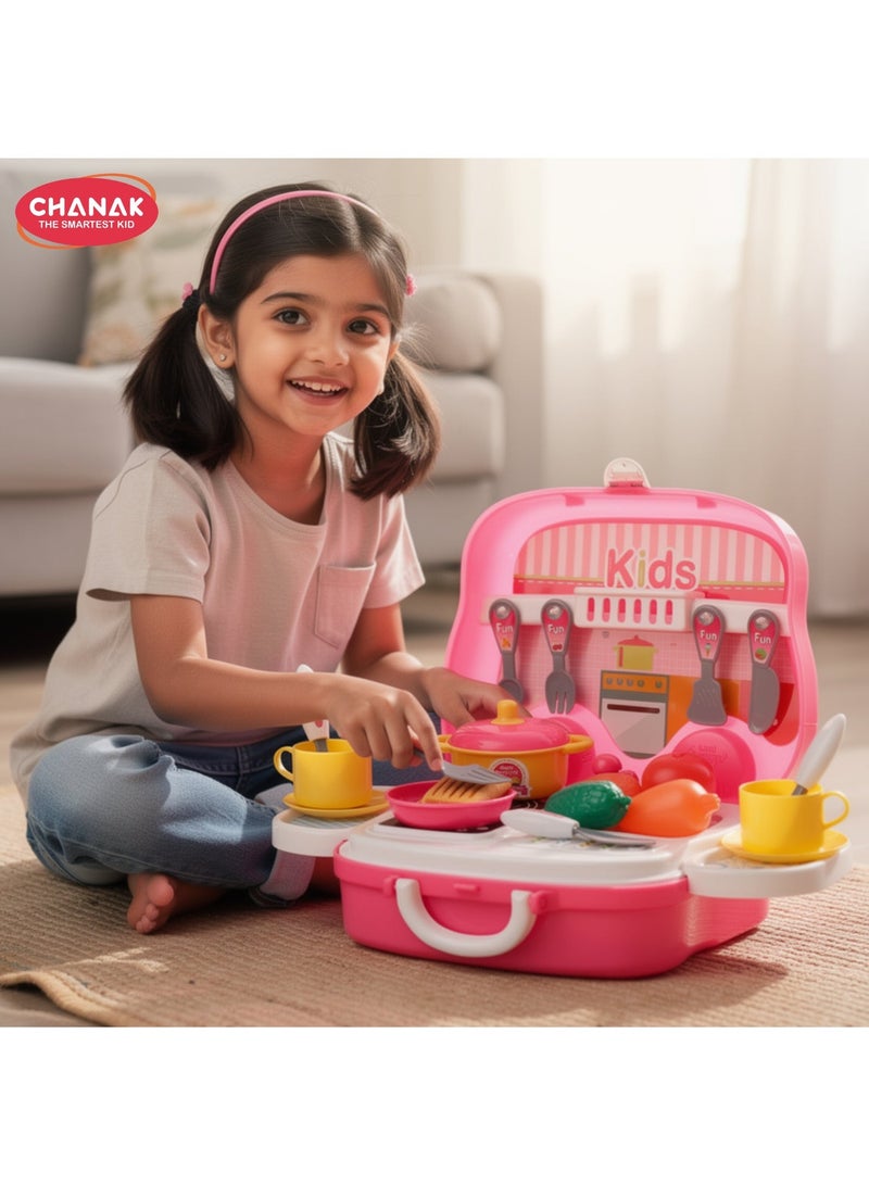 Chanak Kitchen set for girls, kitchen suitcase set on wheels, colorful pretend play cooking set for girls with 18 pieces, portable kitchen set for 3 years, (kitchen set suitcase) - Image 1