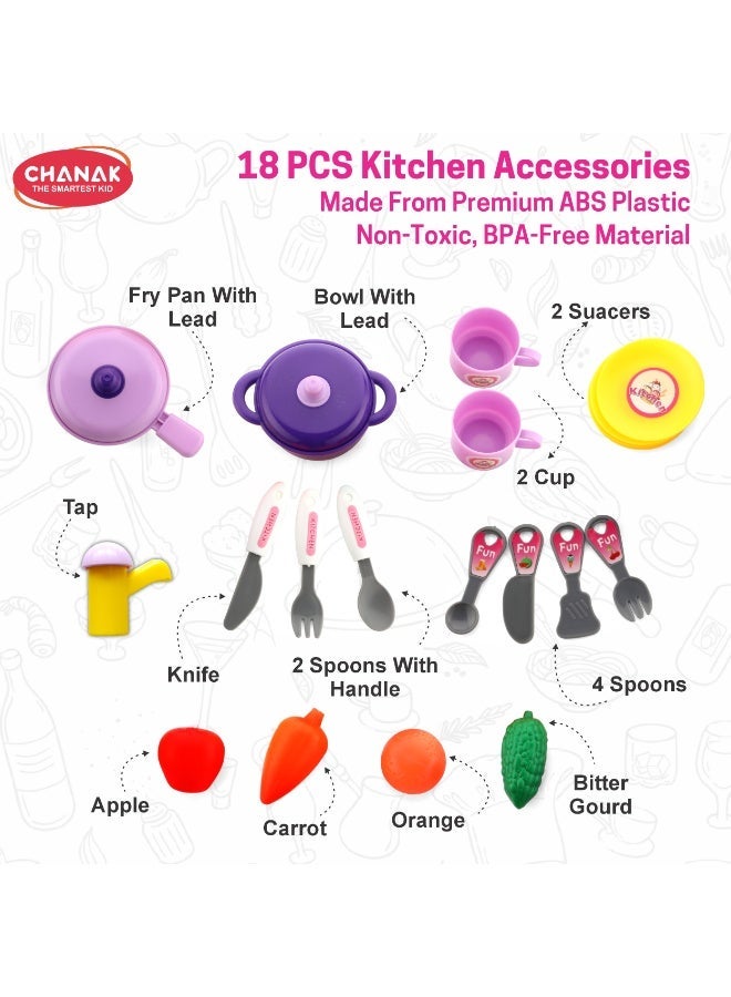 Chanak Kitchen set for girls, kitchen suitcase set on wheels, colorful pretend play cooking set for girls with 18 pieces, portable kitchen set for 3 years, (kitchen set suitcase) - Image 4