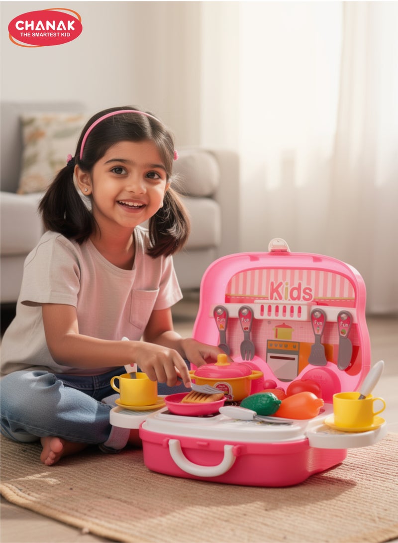 Chanak Kitchen set for girls, kitchen suitcase set on wheels, colorful pretend play cooking set for girls with 18 pieces, portable kitchen set for 3 years, (kitchen set suitcase) - Image 1