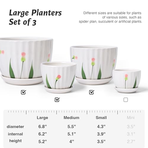 STHIE 4/5/6 Inches Ceramic Plant Pots with Drainage Holes and Saucers, Round Flower Pots for Indoor Plant, Small Flower Planters Set of 3 (White Floral-Big Size) - Image 3