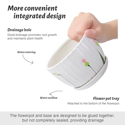 STHIE 4/5/6 Inches Ceramic Plant Pots with Drainage Holes and Saucers, Round Flower Pots for Indoor Plant, Small Flower Planters Set of 3 (White Floral-Big Size) - Image 2