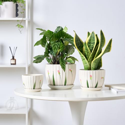 STHIE 4/5/6 Inches Ceramic Plant Pots with Drainage Holes and Saucers, Round Flower Pots for Indoor Plant, Small Flower Planters Set of 3 (White Floral-Big Size) - Image 4