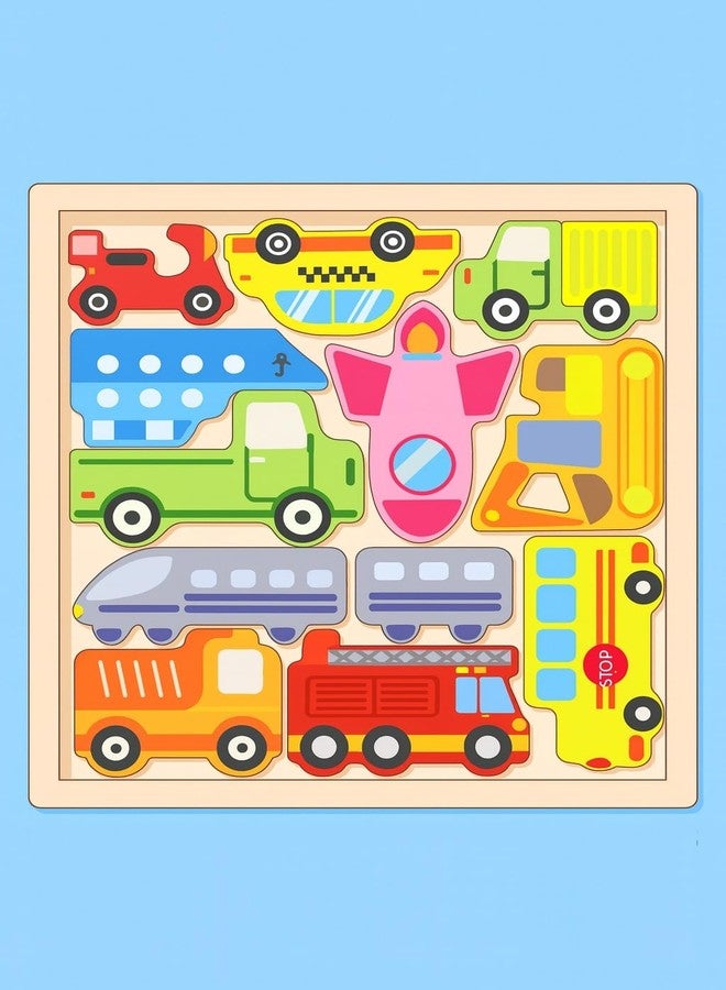 Dec Kitchenpro Wooden Vehicles Puzzle for Kids, Colorful Transportation Shape Matching Board with Cars, Bus, Train, Truck & Airplane, Educational Toy for Toddlers - Image 1