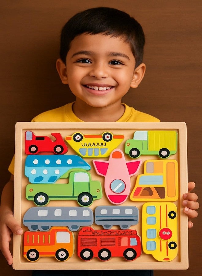 Dec Kitchenpro Wooden Vehicles Puzzle for Kids, Colorful Transportation Shape Matching Board with Cars, Bus, Train, Truck & Airplane, Educational Toy for Toddlers - Image 5