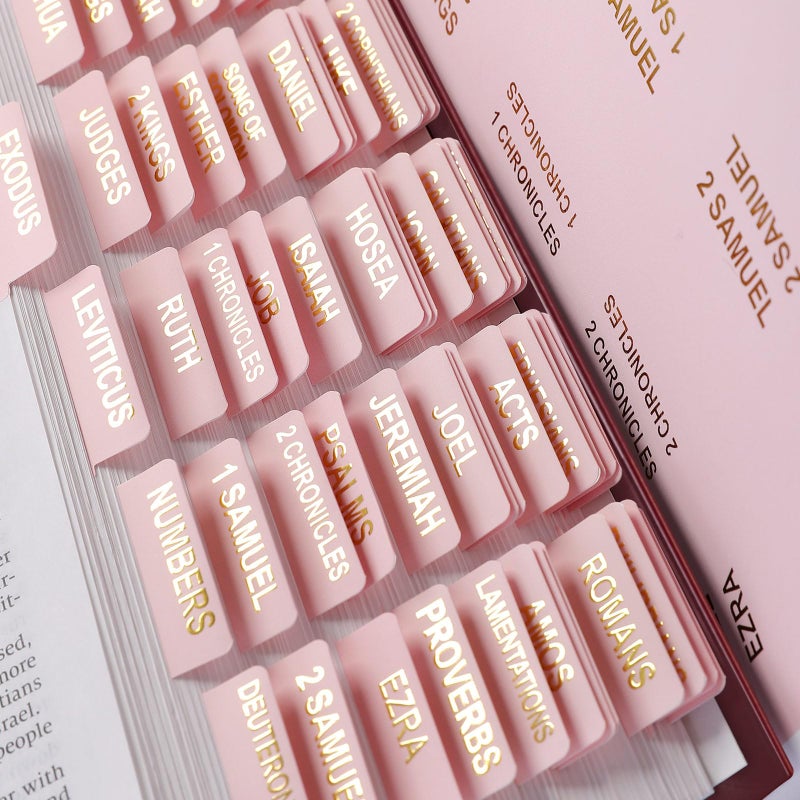 Skydue Bible Tabs for Women, 100 Tabs, Laminated Bible Book Tabs for Study Bible,Easy to Read and Apply Bible Chapter Tabs(Gold Foil Embossed Lettering), Bible Study Supplies, Pink Bible Labels Tabs - Image 1