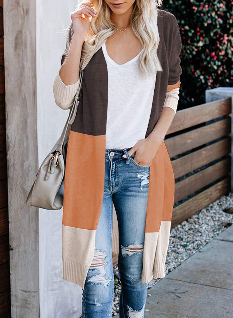 CARDYDONY Women's Color Block Striped Long Sleeve Casual Knit Sweaters Coffee M - Image 2