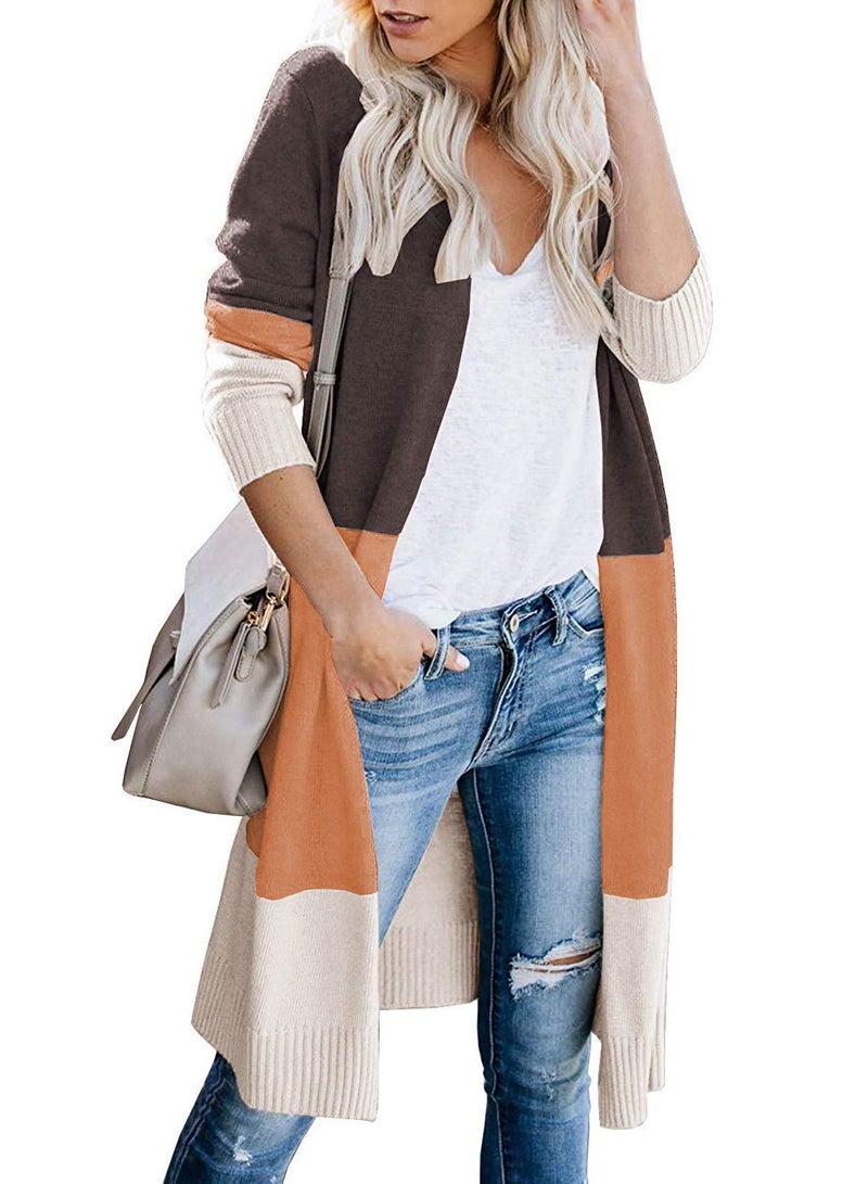CARDYDONY Women's Color Block Striped Long Sleeve Casual Knit Sweaters Coffee M - Image 1