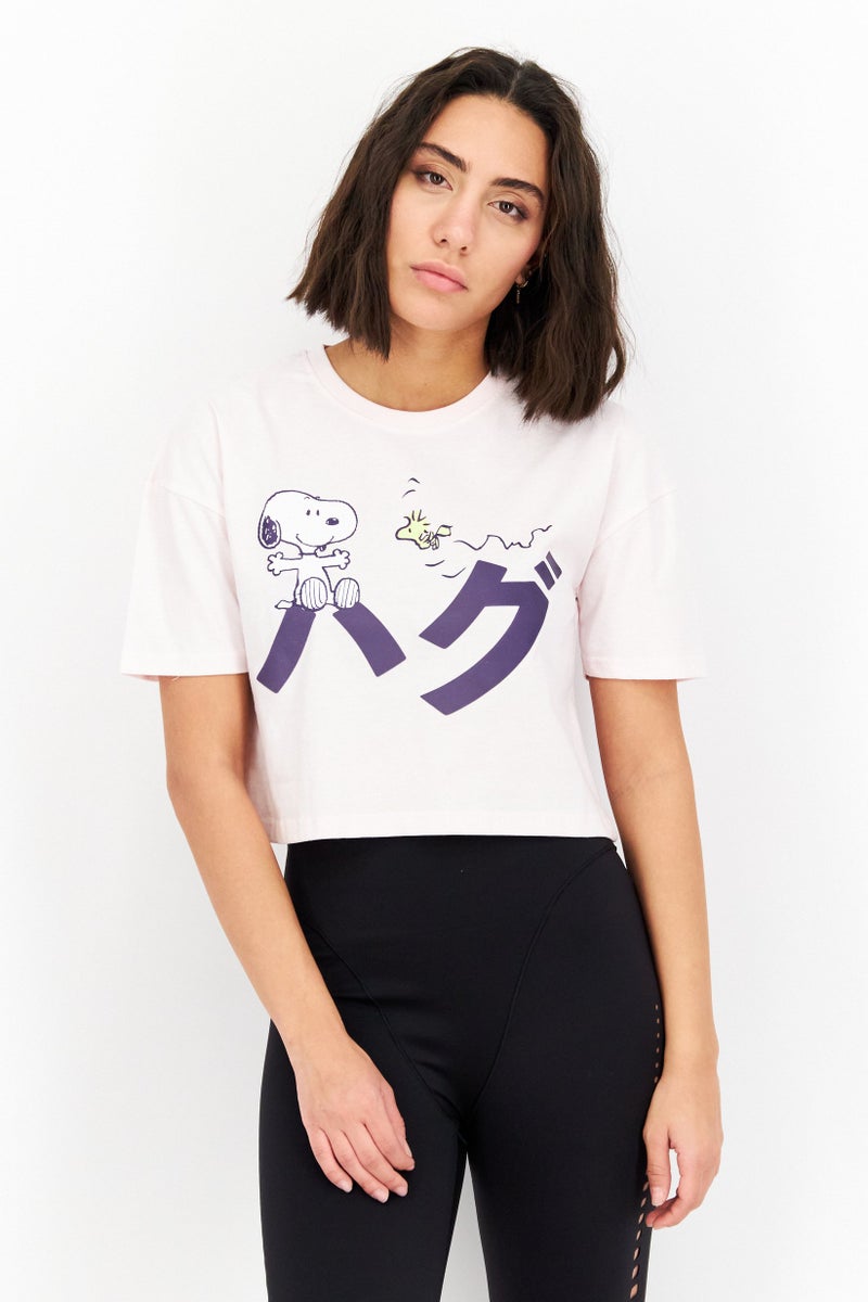 Peanuts تي شيرت نسائي مطبوع بأكمام قصيرة ورقبة دائرية، وردي - Image 1